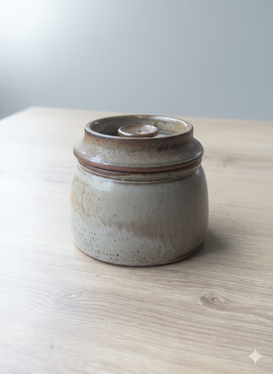 Beurrier à eau en grès artisanal par Jean-Pierre Prud'homme, poterie de Puisaye, ton beige et terre."