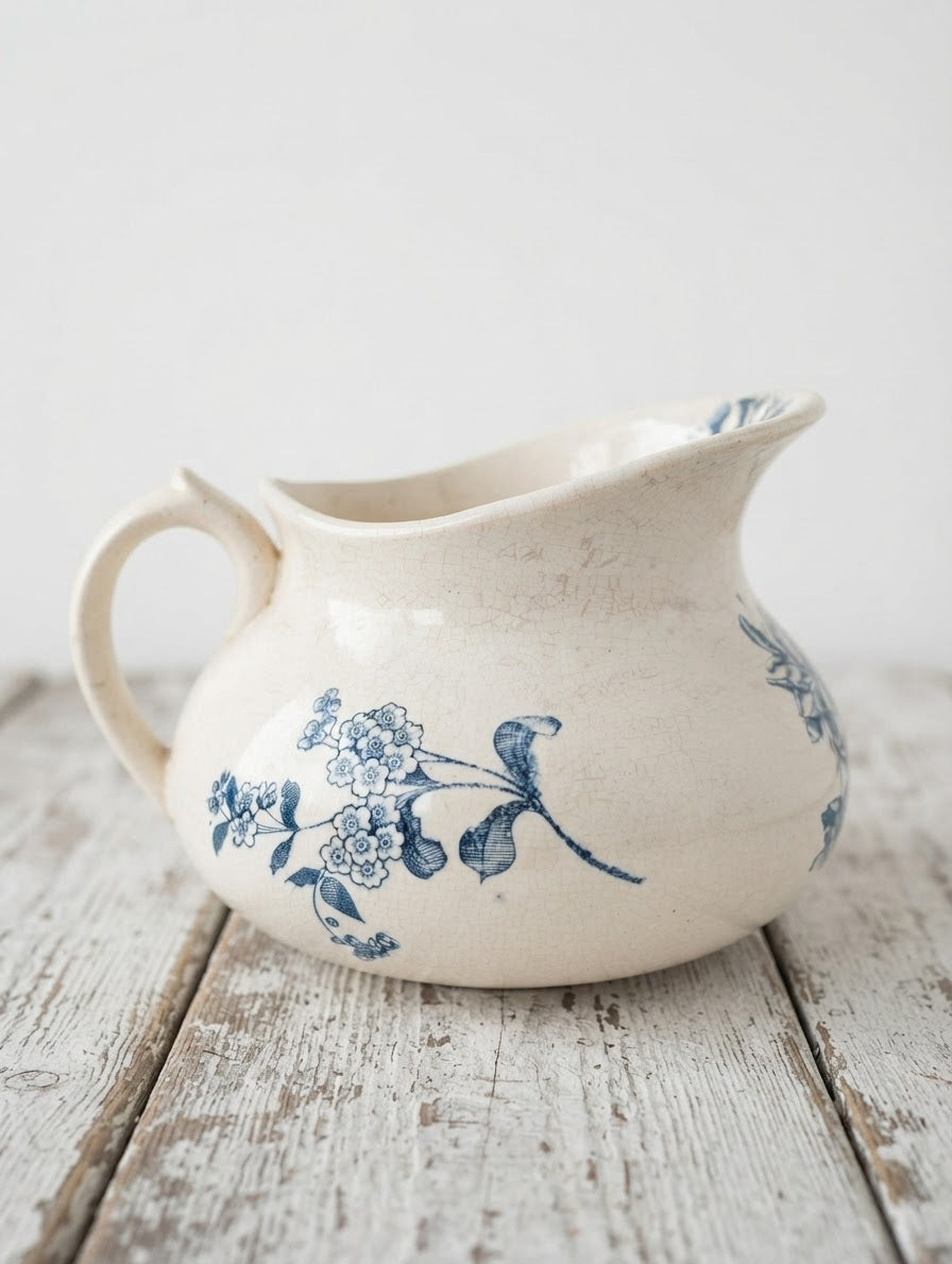 Broc Ancien "Joufflu" en Terre de Fer – Gien Porcelaine Opaque (Décor Floral Bleu)