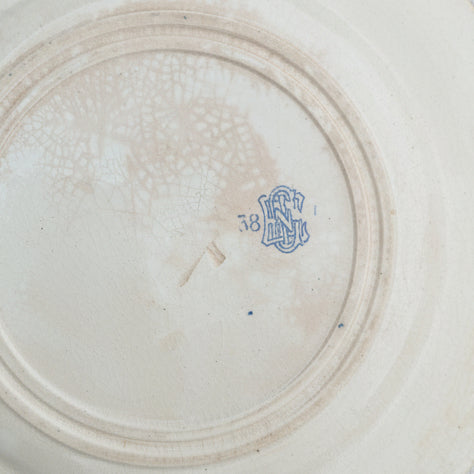 Lot de 3 Assiettes Anciennes Terre de Fer Gien - Décor Monogramme Bleu - XIXe