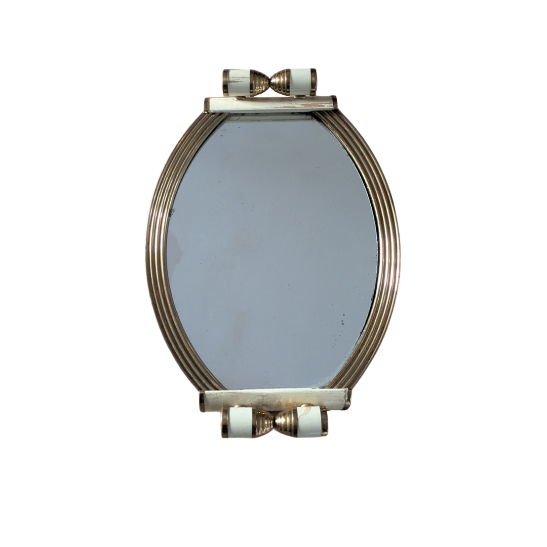 Plateau Miroir Ovale Art Déco 1930s – Laiton et peinture couleur ivoire Pièce Vintage Authentique