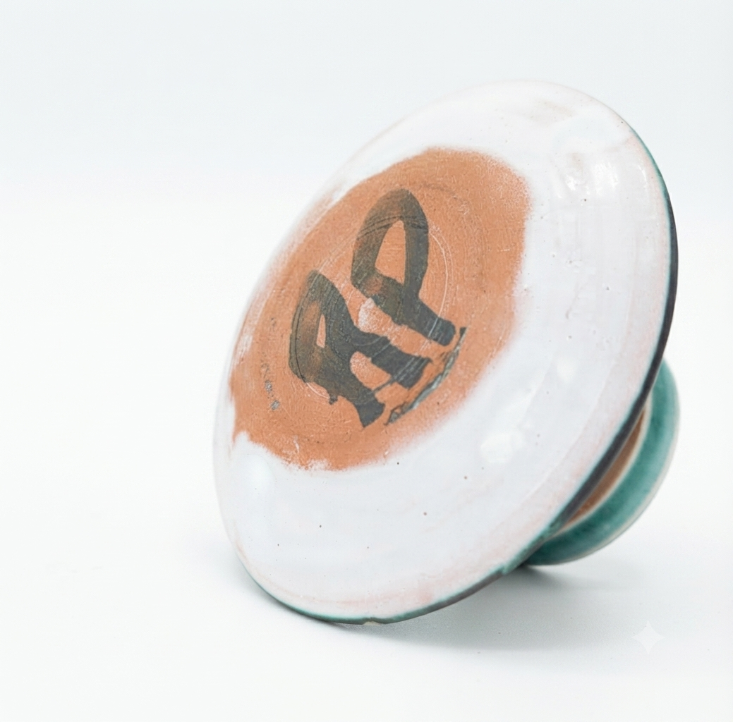  Dessous d'un coquetier en céramique présentant le monogramme RP de l'artiste Robert Picault.
