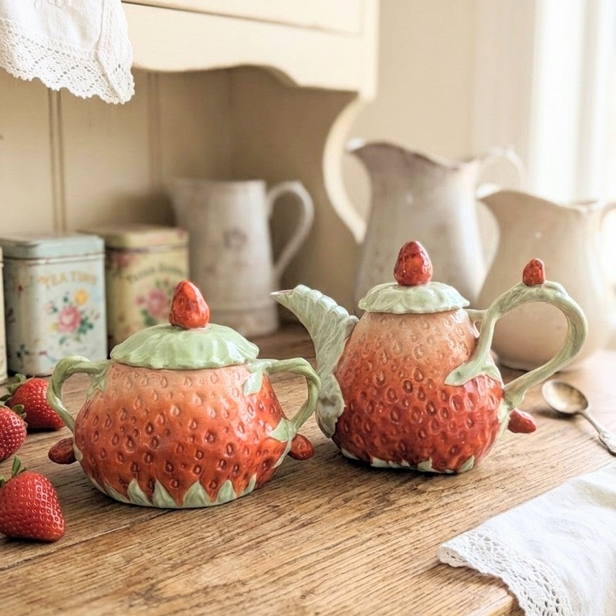 Duo de service à thé et sucre en céramique majolique en forme de fraise rouge texturée. L'ensemble comprend une théière et un sucrier assorti avec couvercles verts imitant les feuilles et anses en forme de tiges. Style naturaliste vintage Cottagecore